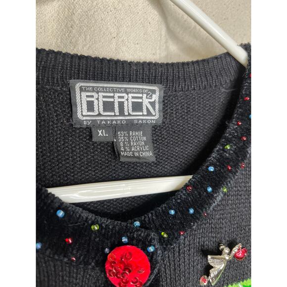 1990s Berek Christmas Chenille Maximalist Santa Whimsical Kidcore Cardigan XL - Picture 2 of 7